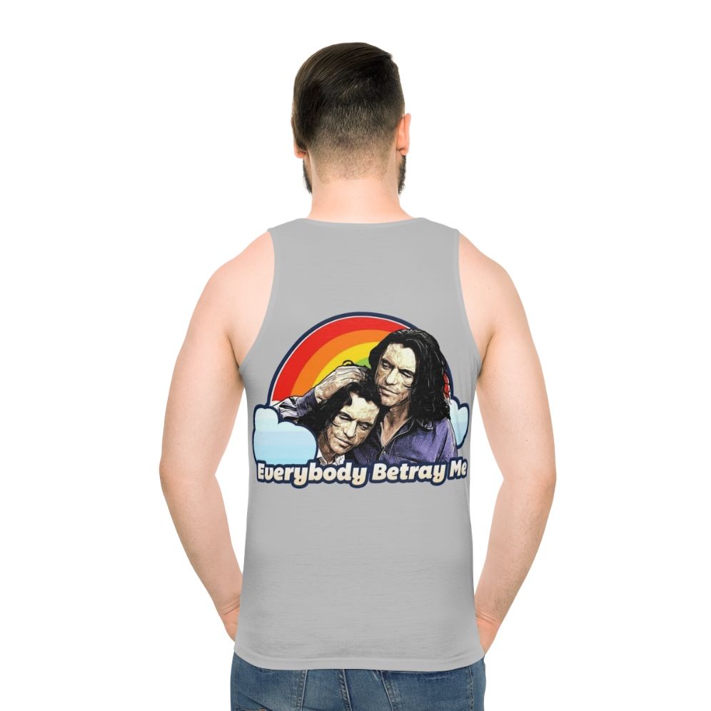 Unisex tank top with "Everybody Betray Me" design, a tribute to the cult classic film The Room