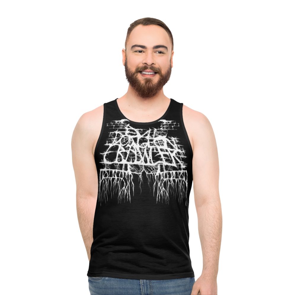 Evil Dungeon Crawler metal band logo on a white unisex tank top