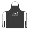 Illustration of a stylized board game-themed apron with dice, meeples, and other gaming elements.