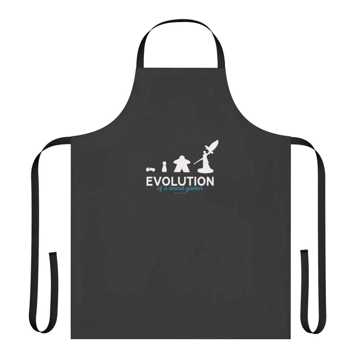 Illustration of a stylized board game-themed apron with dice, meeples, and other gaming elements.