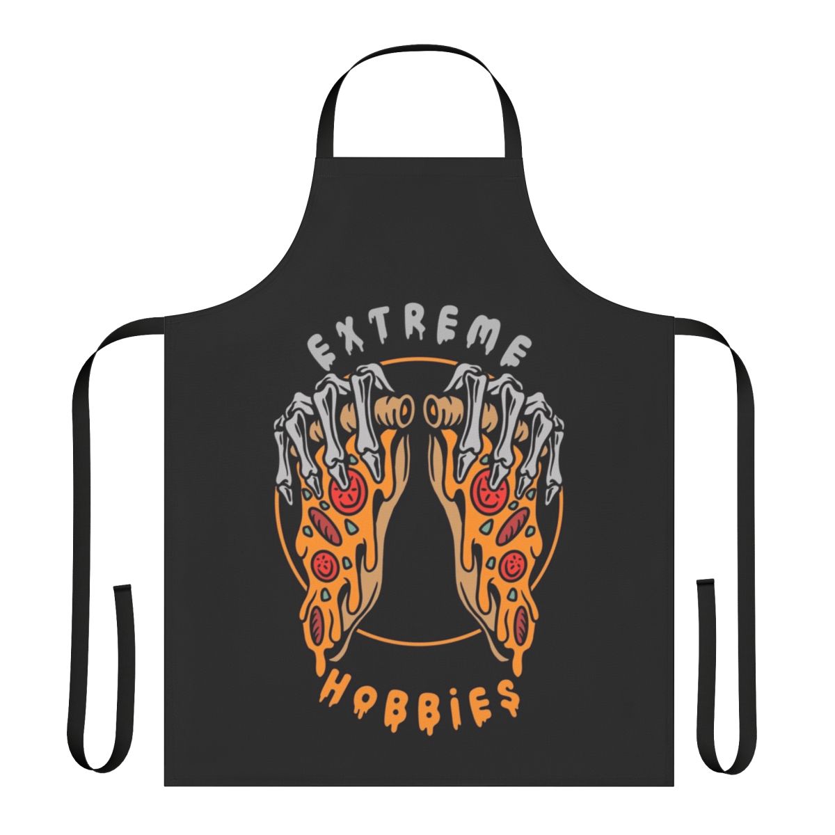 Apron with pizza, skeleton, and extreme hobbies design