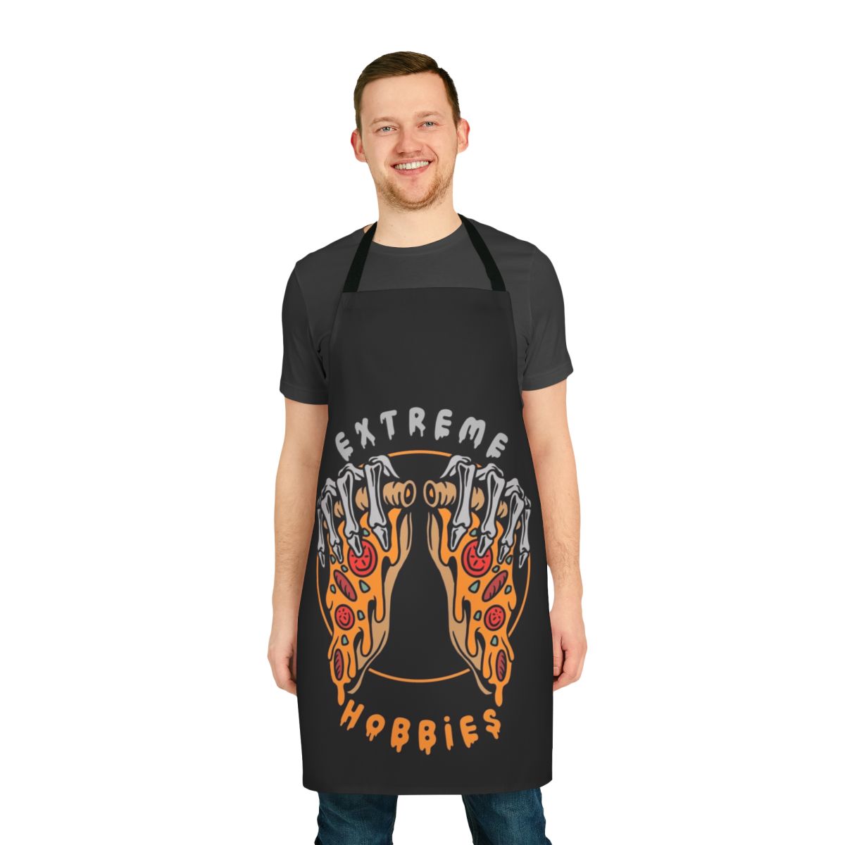 Apron with pizza, skeleton, and extreme hobbies design