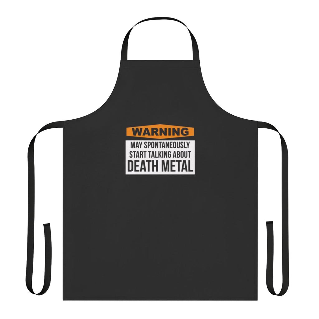 Death metal-inspired apron with skulls, guitars, and other heavy metal imagery