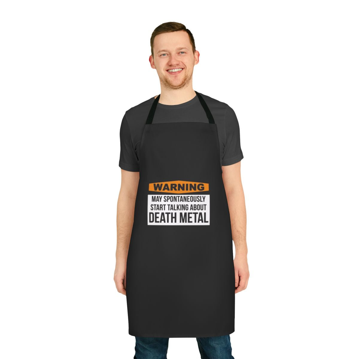 Death metal-inspired apron with skulls, guitars, and other heavy metal imagery