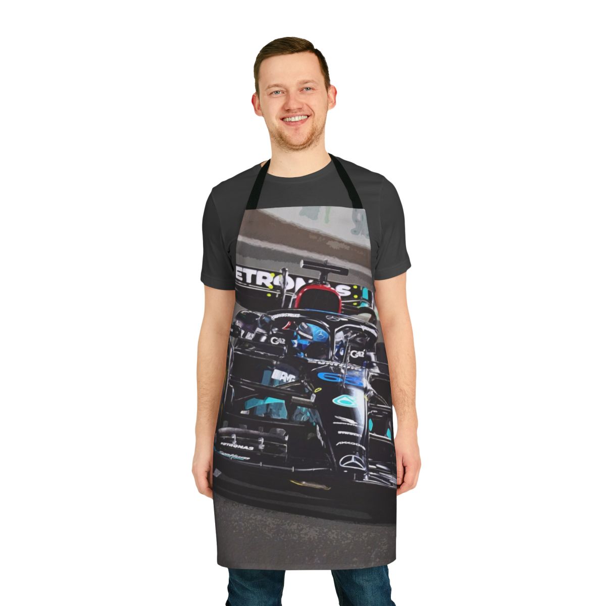 Apron featuring an illustration of George Russell's 2023 Formula 1 race car