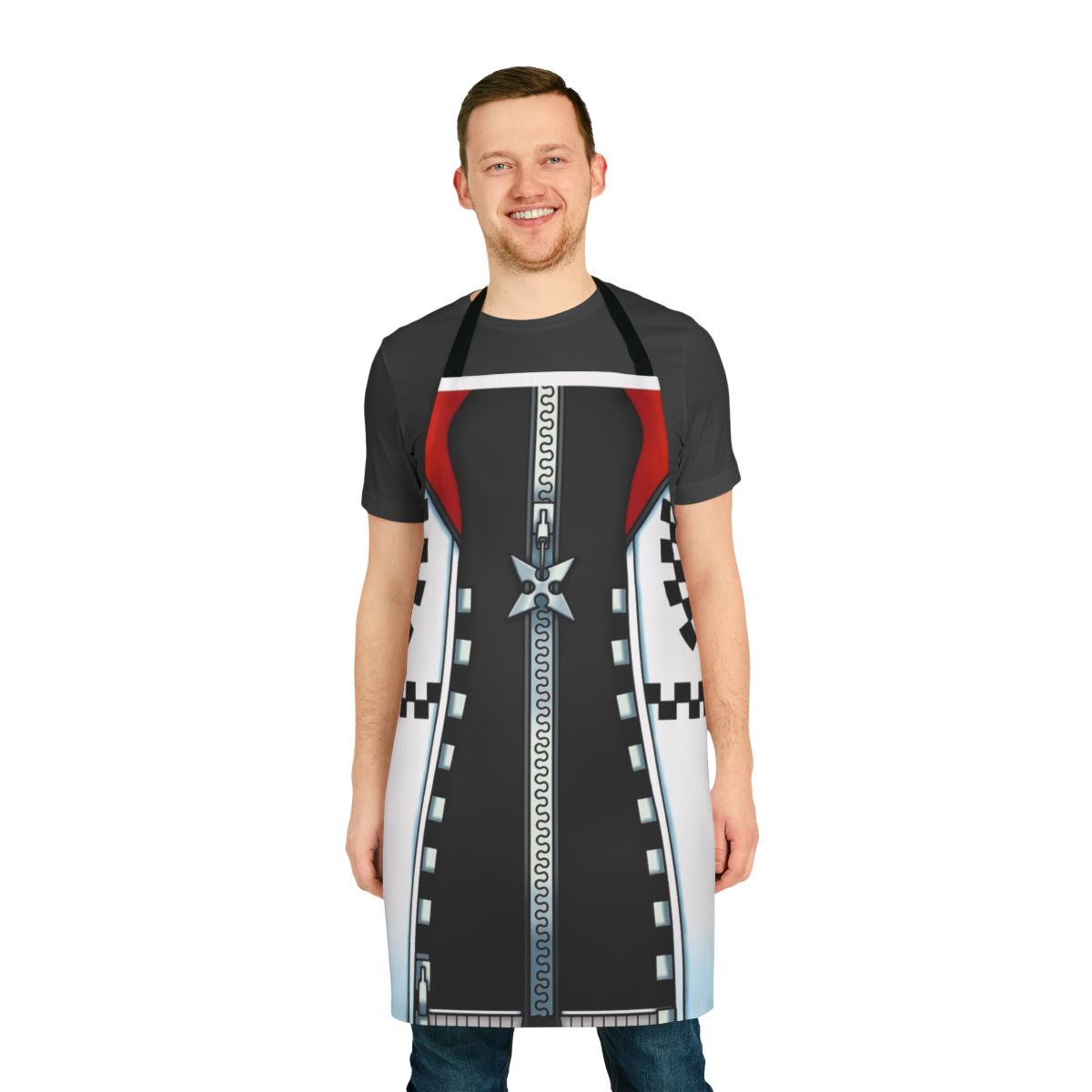 Kingdom Hearts-themed apron with characters and symbols from the popular video game series
