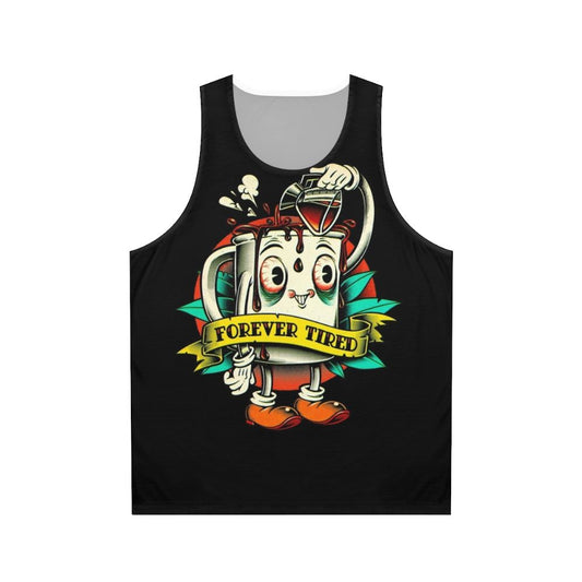 Unisex tank top with a whimsical cartoon character holding a coffee mug