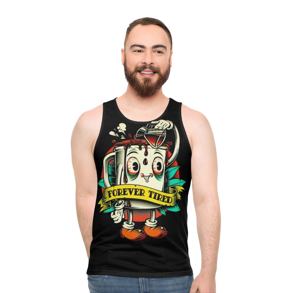 Unisex tank top with a whimsical cartoon character holding a coffee mug