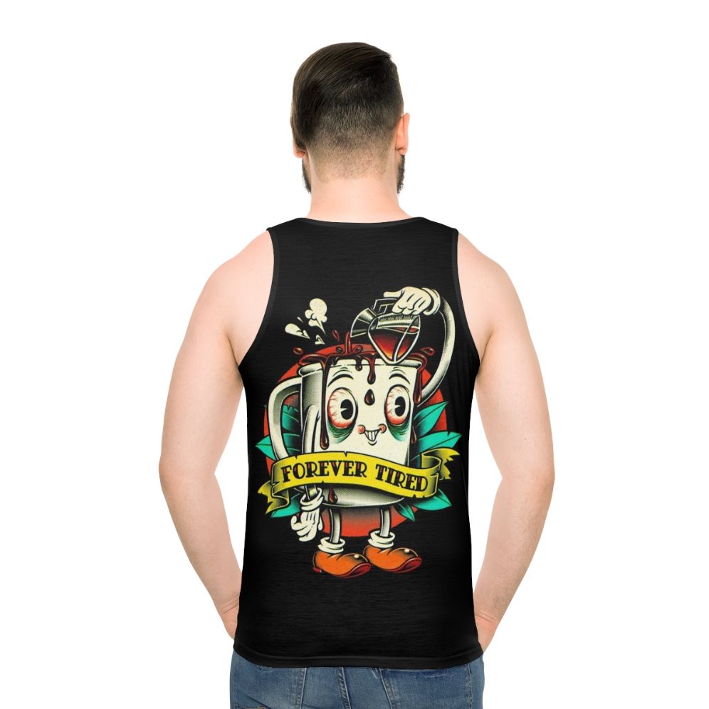Unisex tank top with a whimsical cartoon character holding a coffee mug