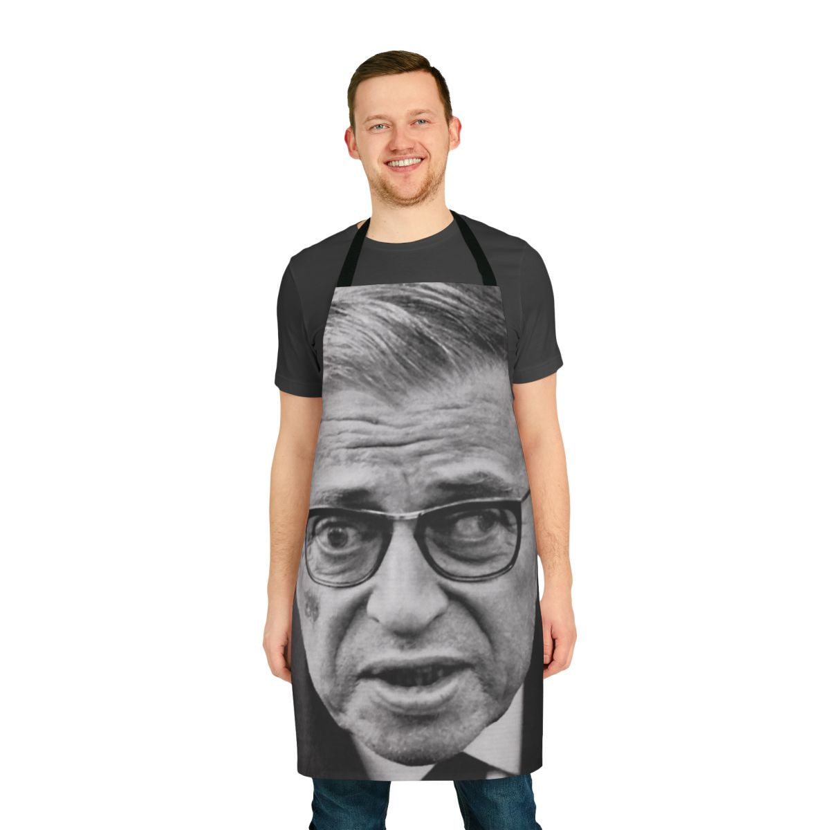 Existentialist Jean-Paul Sartre Inspired Apron with Crossed Eyes Meme Design