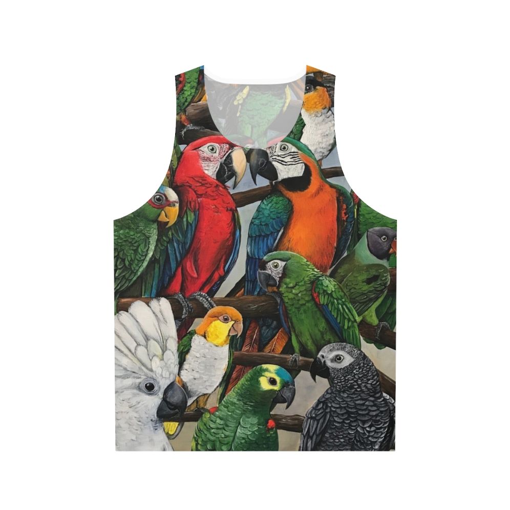 Unisex tank top featuring exotic birds like parrots, macaws, and cockatoos