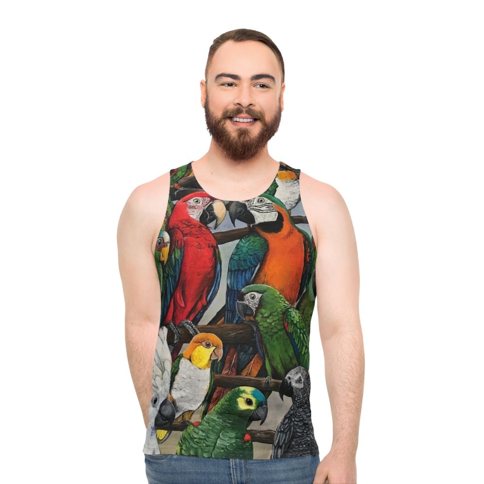 Unisex tank top featuring exotic birds like parrots, macaws, and cockatoos