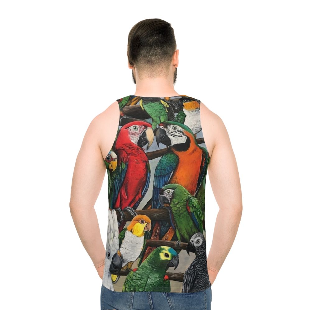 Unisex tank top featuring exotic birds like parrots, macaws, and cockatoos