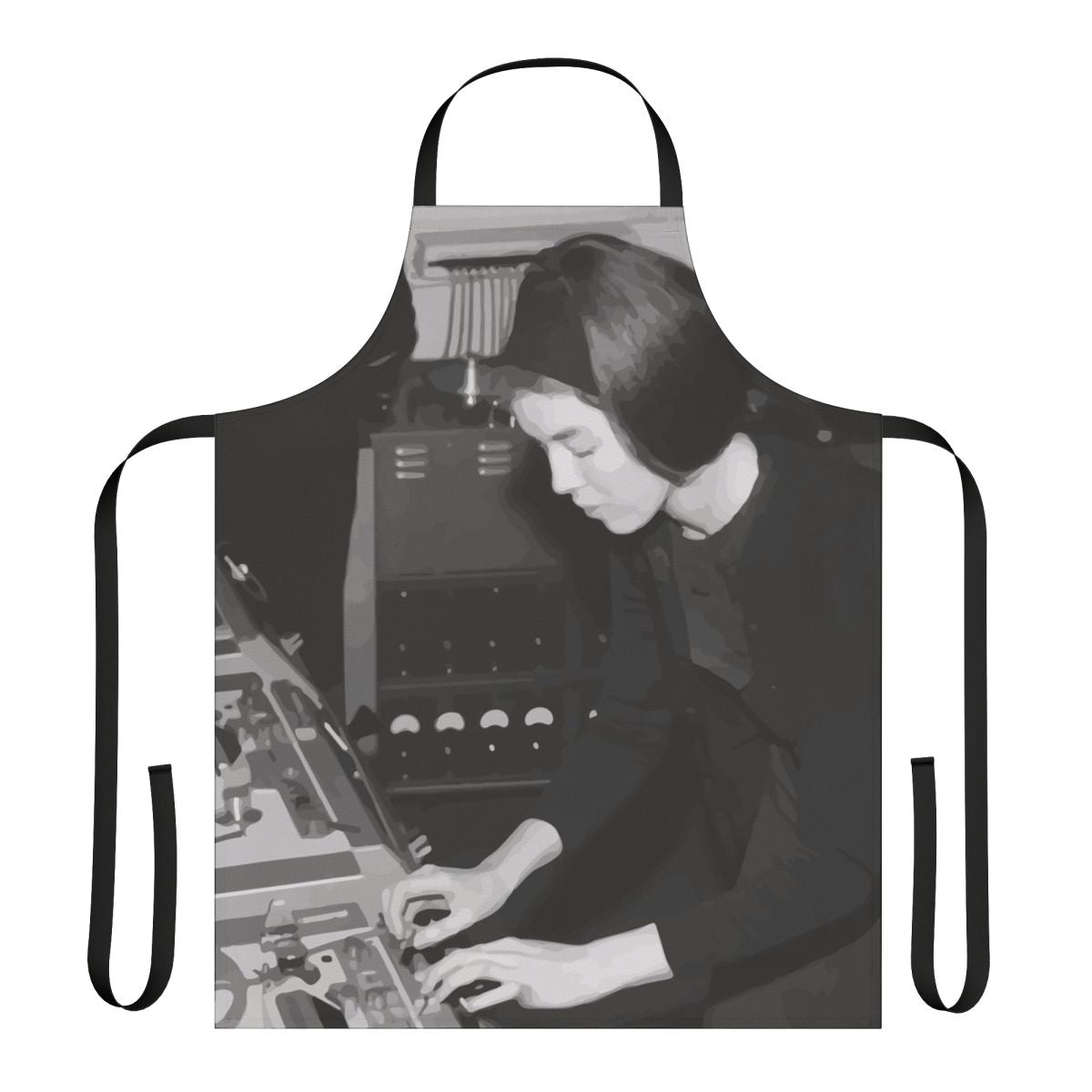 Apron featuring the name and image of electronic music pioneer Delia Derbyshire