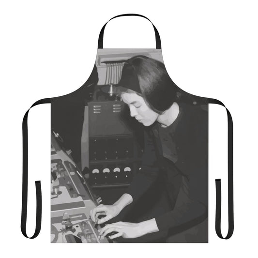 Apron featuring the name and image of electronic music pioneer Delia Derbyshire