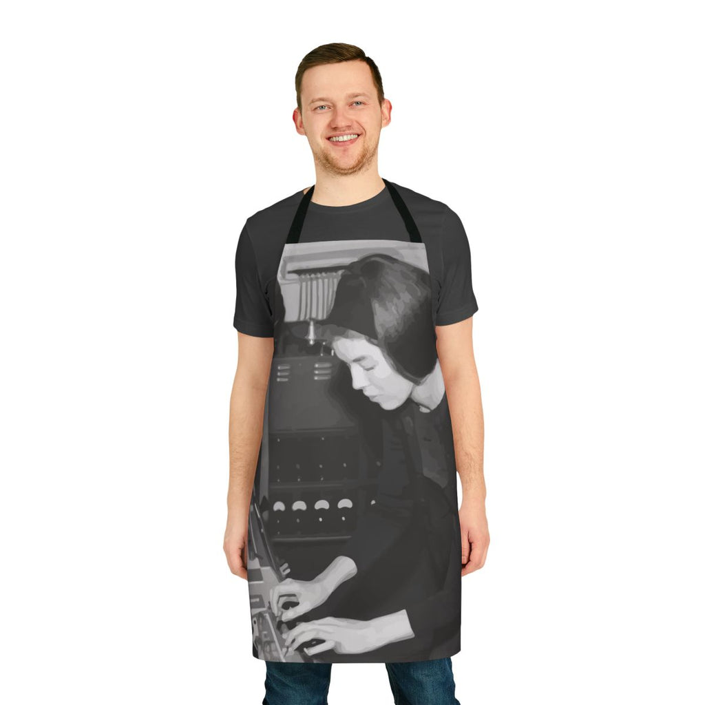 Apron featuring the name and image of electronic music pioneer Delia Derbyshire