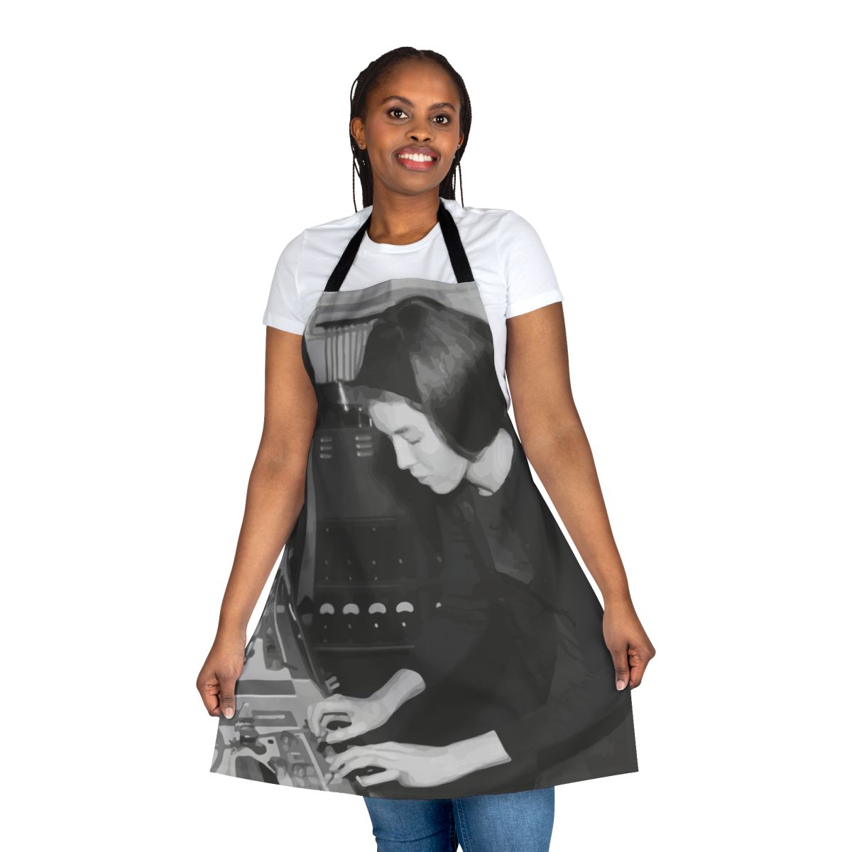 Apron featuring the name and image of electronic music pioneer Delia Derbyshire