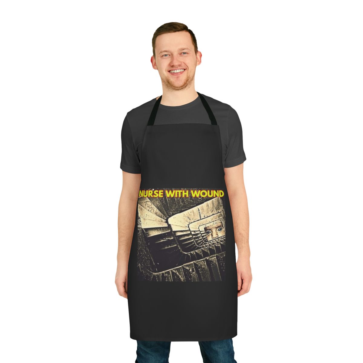 Nurse with Wound-inspired apron featuring experimental and industrial music elements