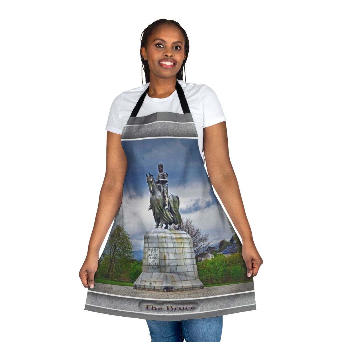 Robert the Bruce Apron featuring the iconic Scottish king and medieval battle scenes
