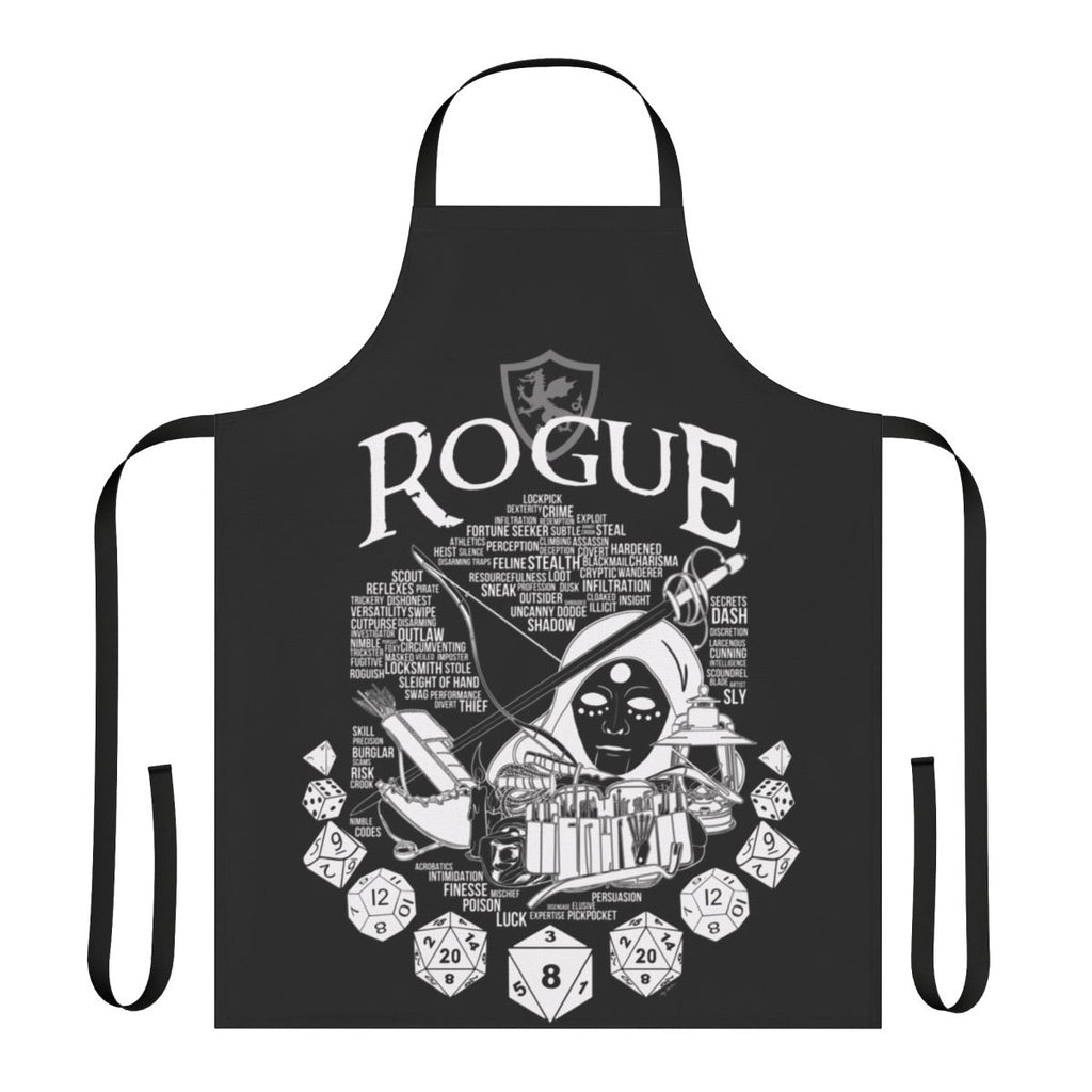 White rogue-themed apron with dice, swords, and other fantasy elements