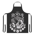 White rogue-themed apron with dice, swords, and other fantasy elements