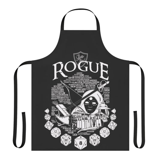 White rogue-themed apron with dice, swords, and other fantasy elements