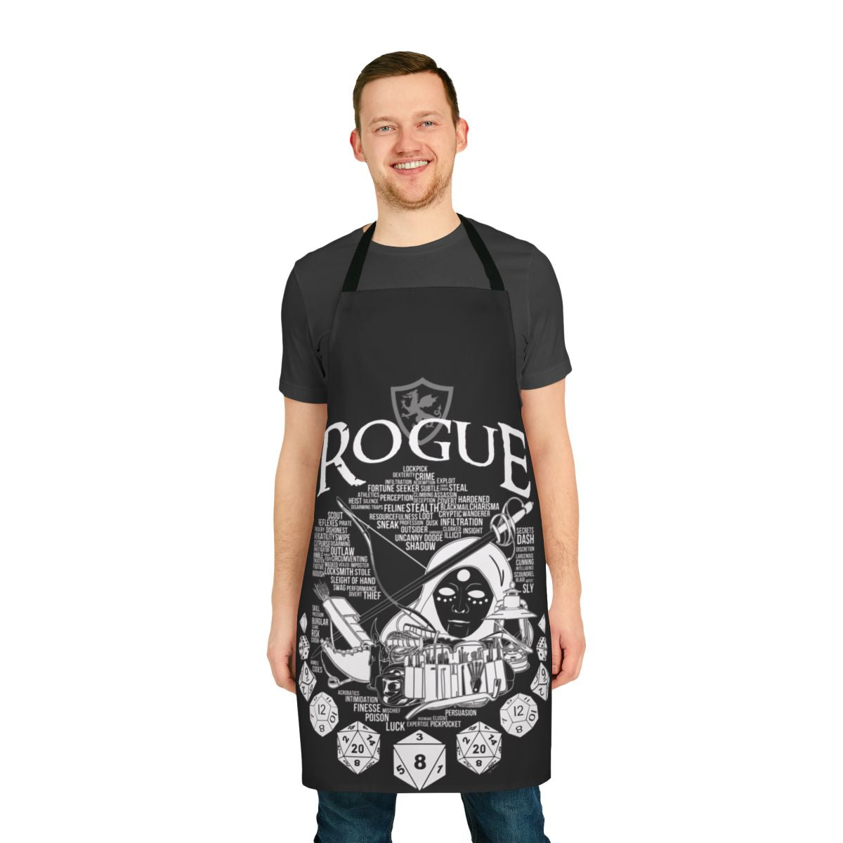 White rogue-themed apron with dice, swords, and other fantasy elements