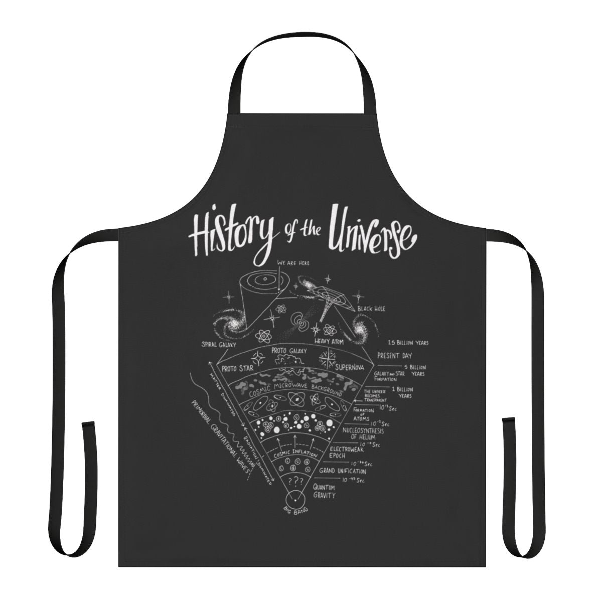 Artistic apron depicting the history and wonders of the universe, featuring planets, stars, and cosmic elements.