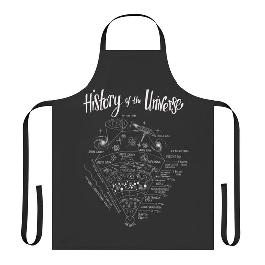 Artistic apron depicting the history and wonders of the universe, featuring planets, stars, and cosmic elements.