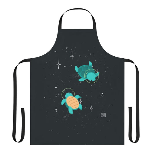 Apron featuring a design of a cute, green space turtle exploring the galaxy with stars and planets in the background.