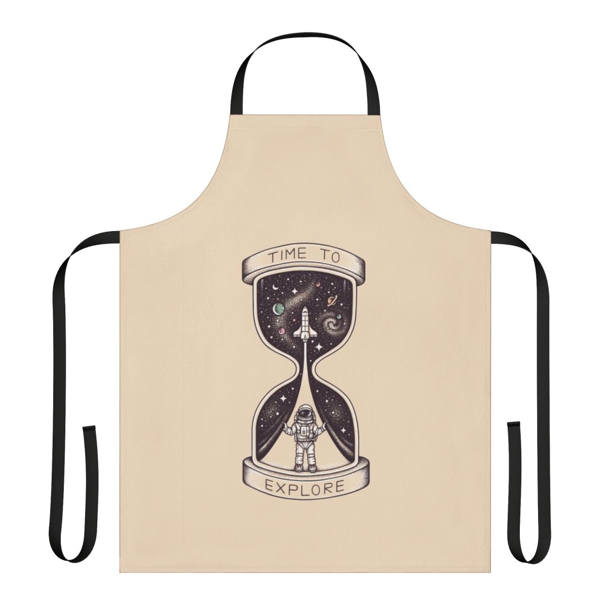 Person wearing an apron with a space-themed design, featuring planets, stars, and a shuttlecraft.