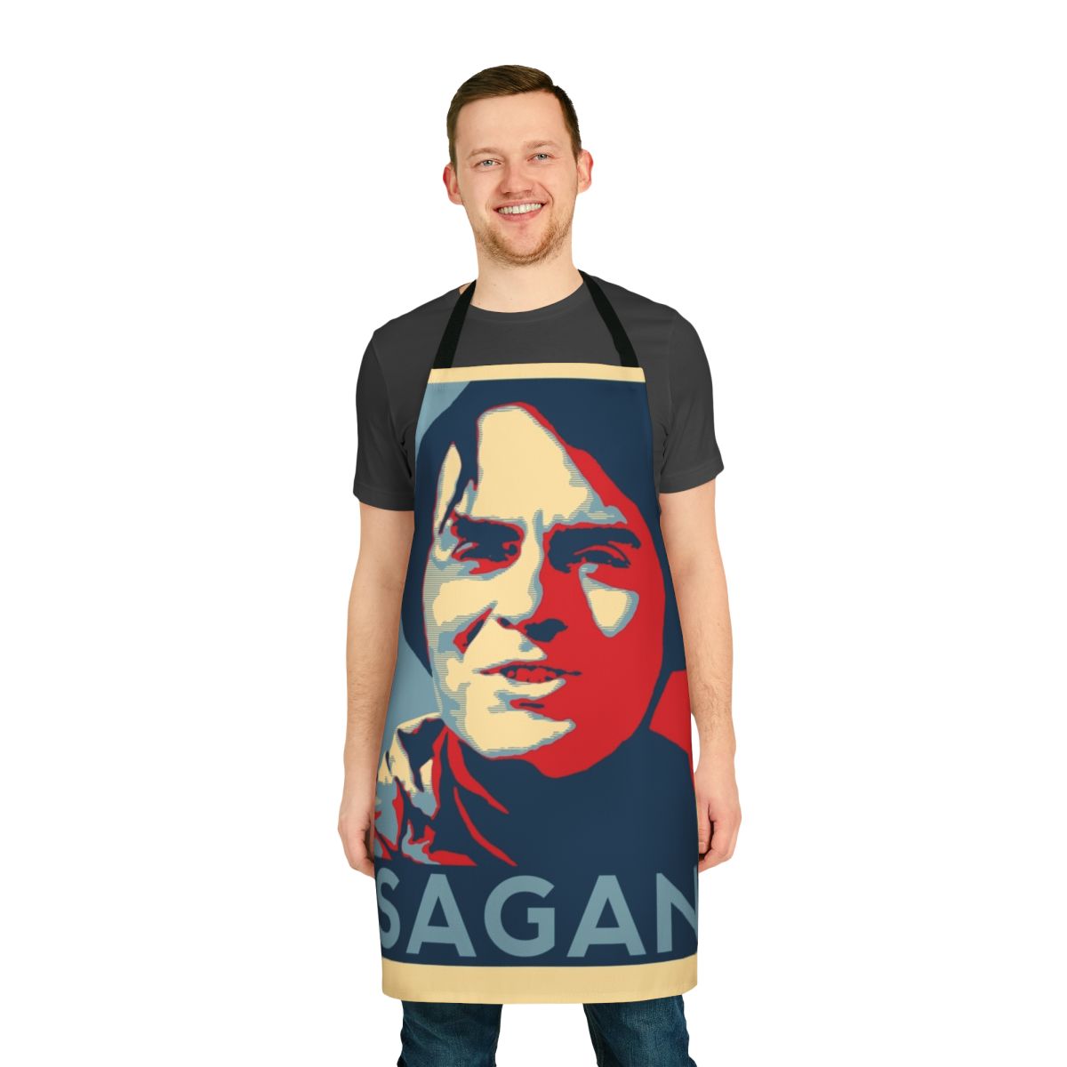 Stylish apron featuring an image of the cosmos and the text "Carl Sagan"