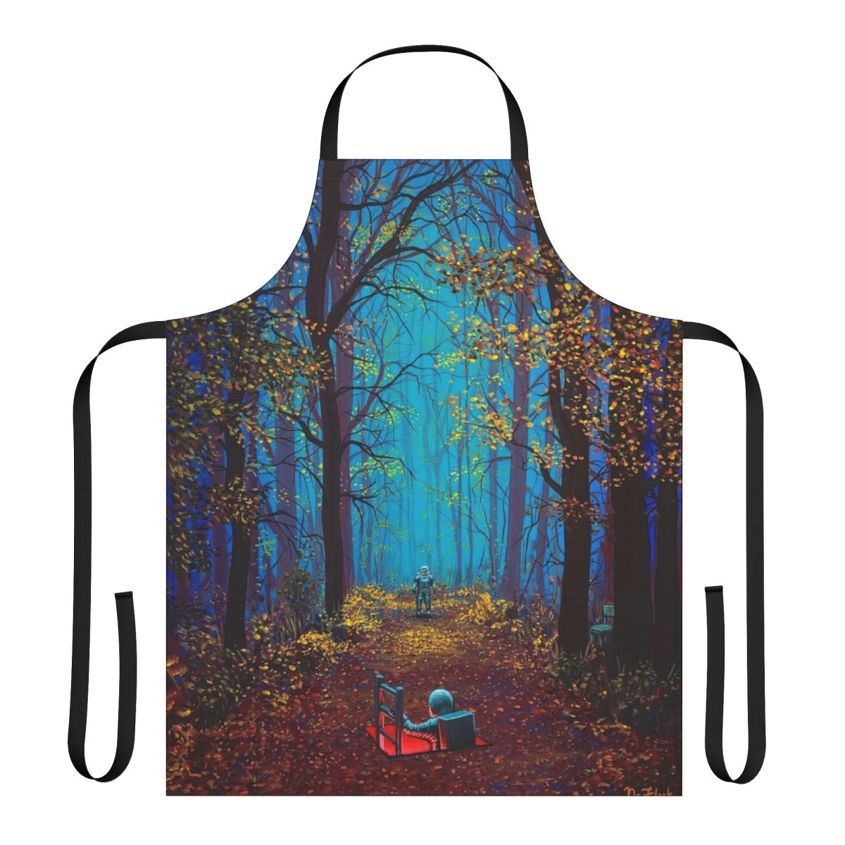 A vibrant, psychedelic-inspired apron featuring cosmic elements like planets, stars, and a surreal landscape.
