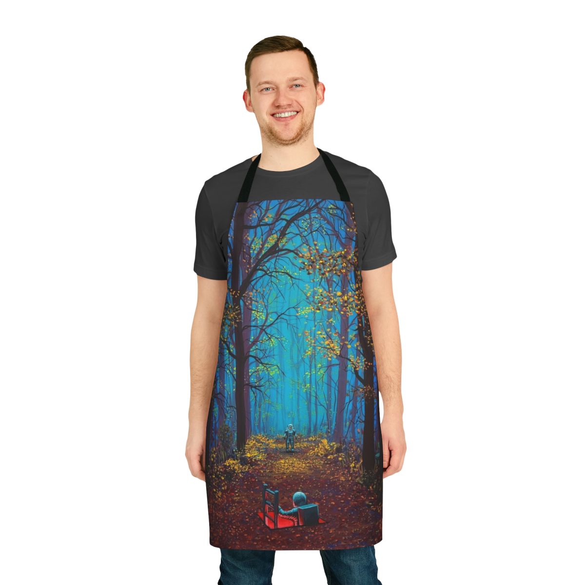A vibrant, psychedelic-inspired apron featuring cosmic elements like planets, stars, and a surreal landscape.