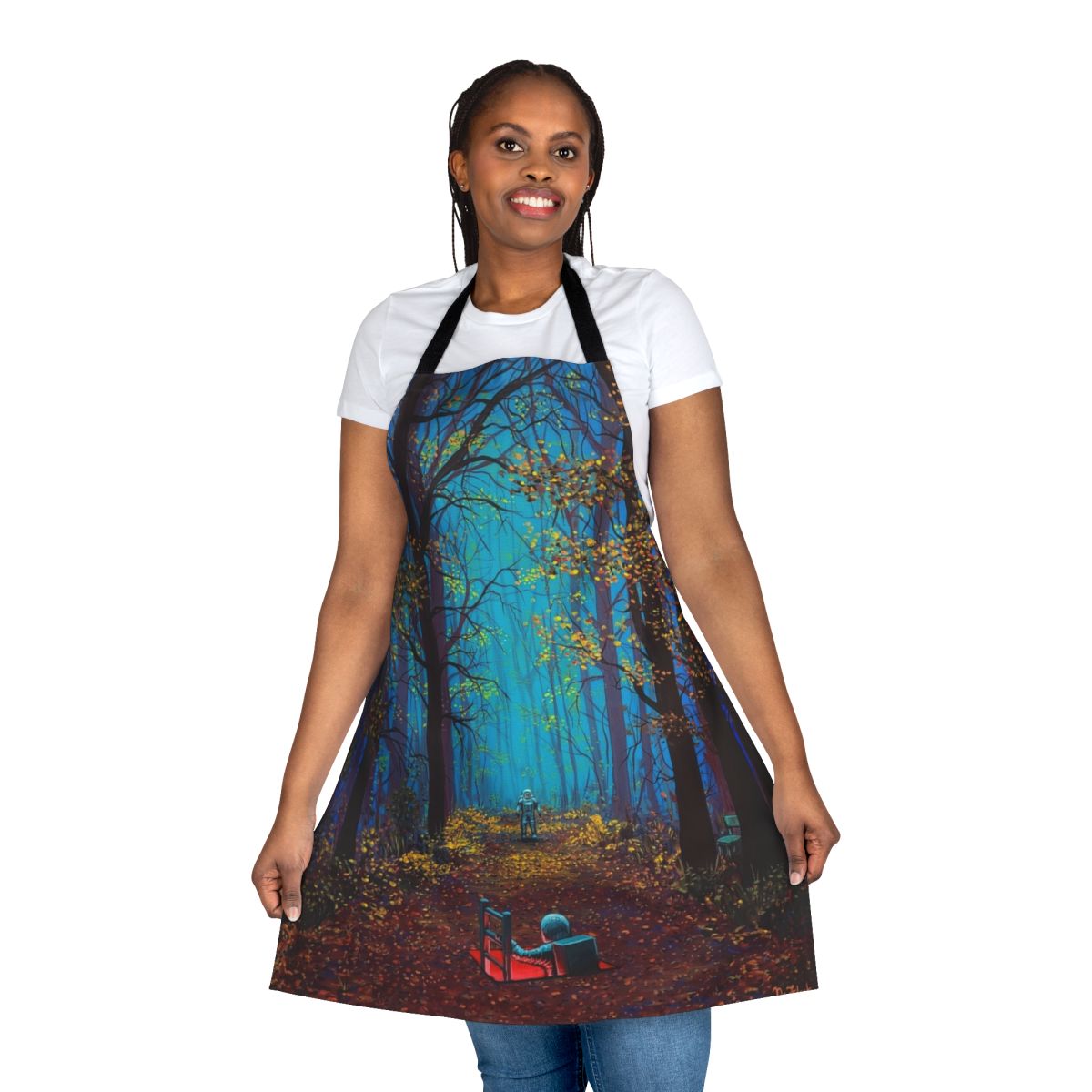 A vibrant, psychedelic-inspired apron featuring cosmic elements like planets, stars, and a surreal landscape.