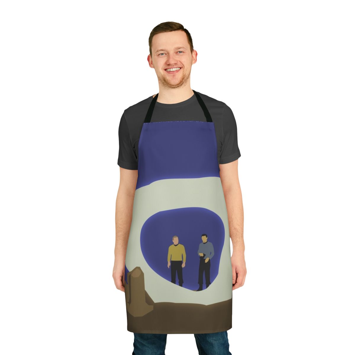 A stylish apron featuring iconic imagery from the Star Trek episode "The City on the Edge of Forever"