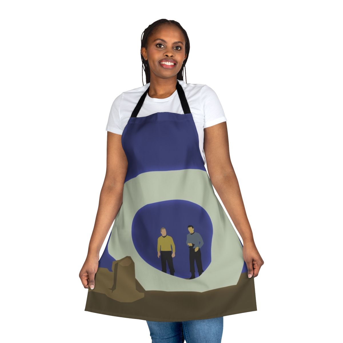 A stylish apron featuring iconic imagery from the Star Trek episode "The City on the Edge of Forever"