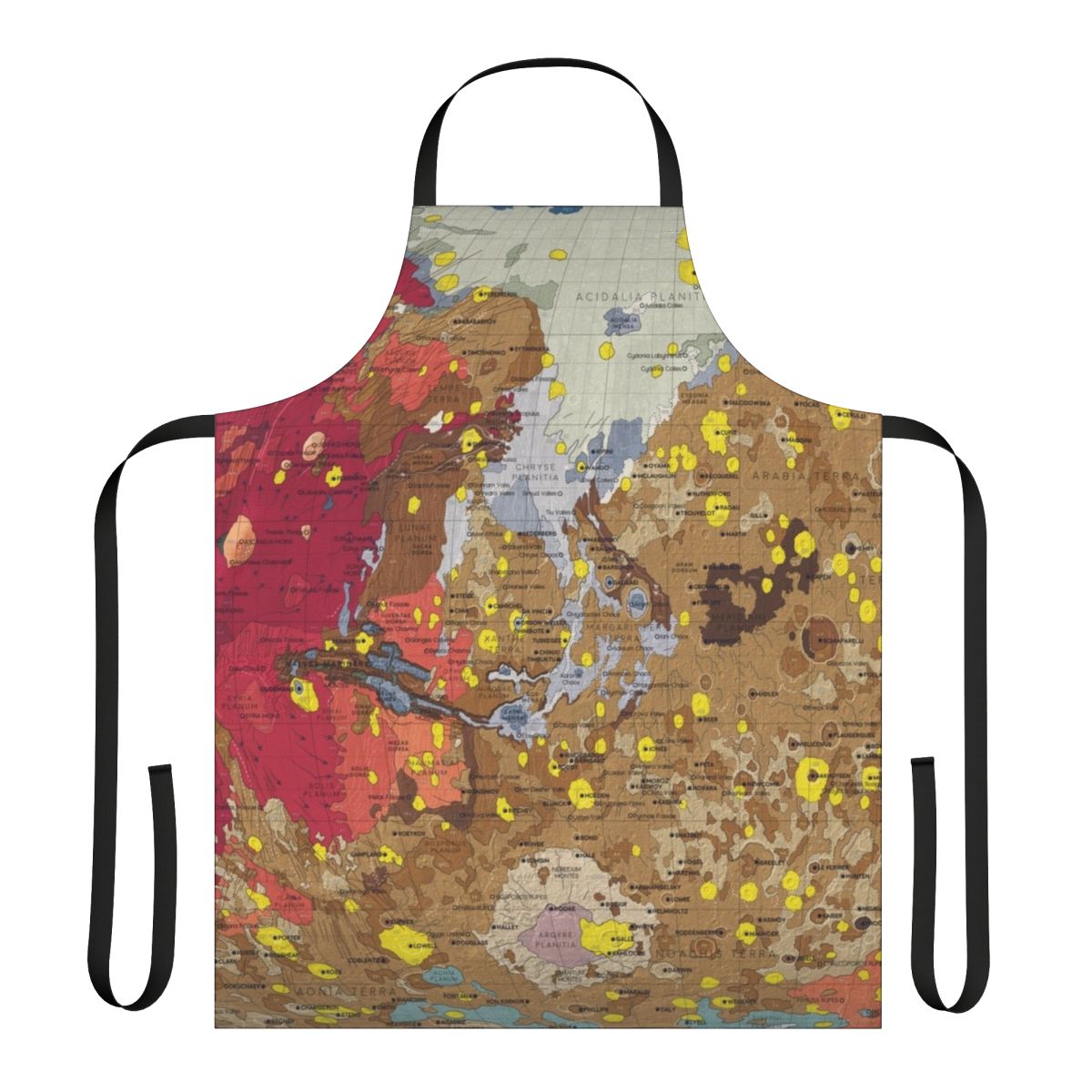 Apron featuring a detailed infographic about the geology and surface features of the planet Mars