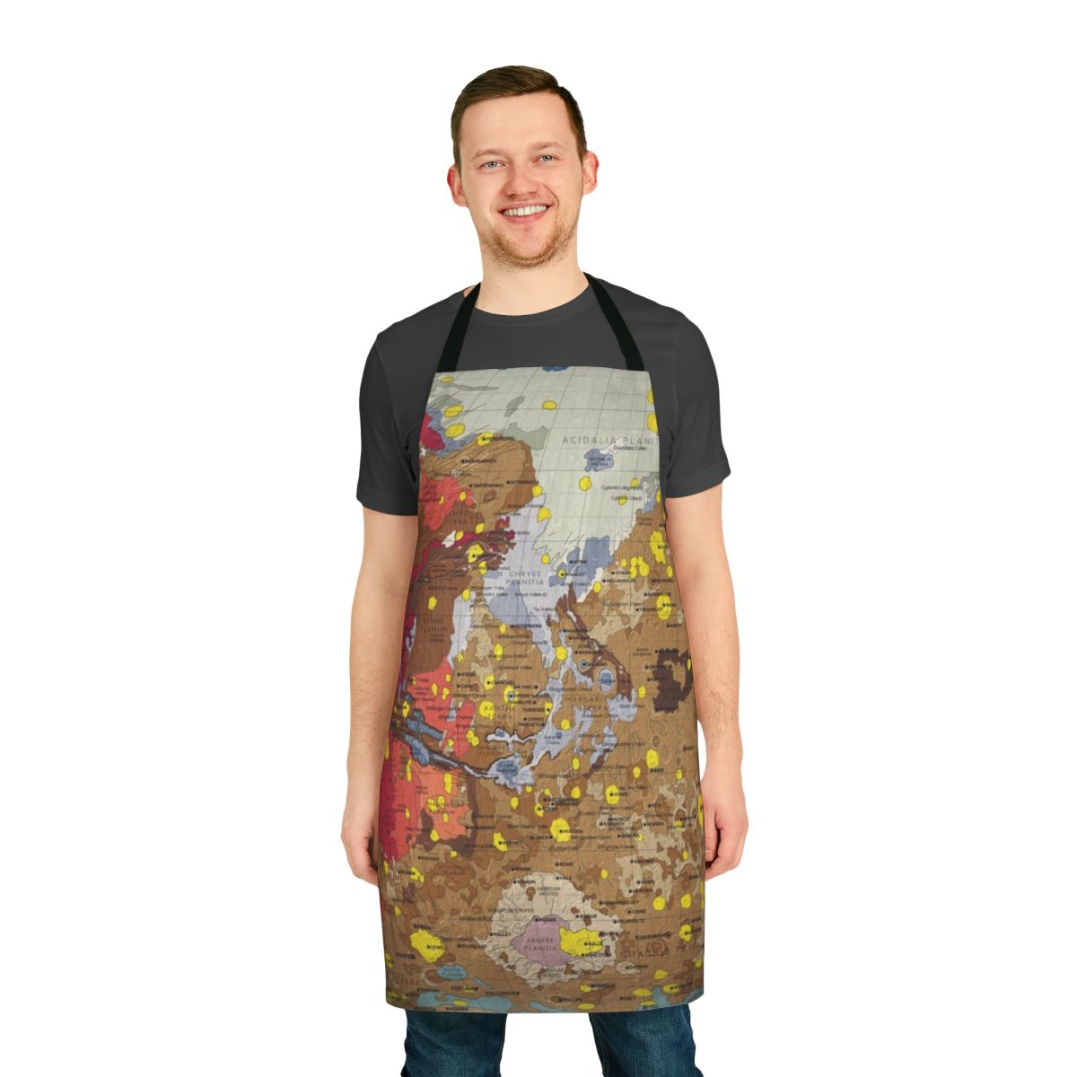 Apron featuring a detailed infographic about the geology and surface features of the planet Mars