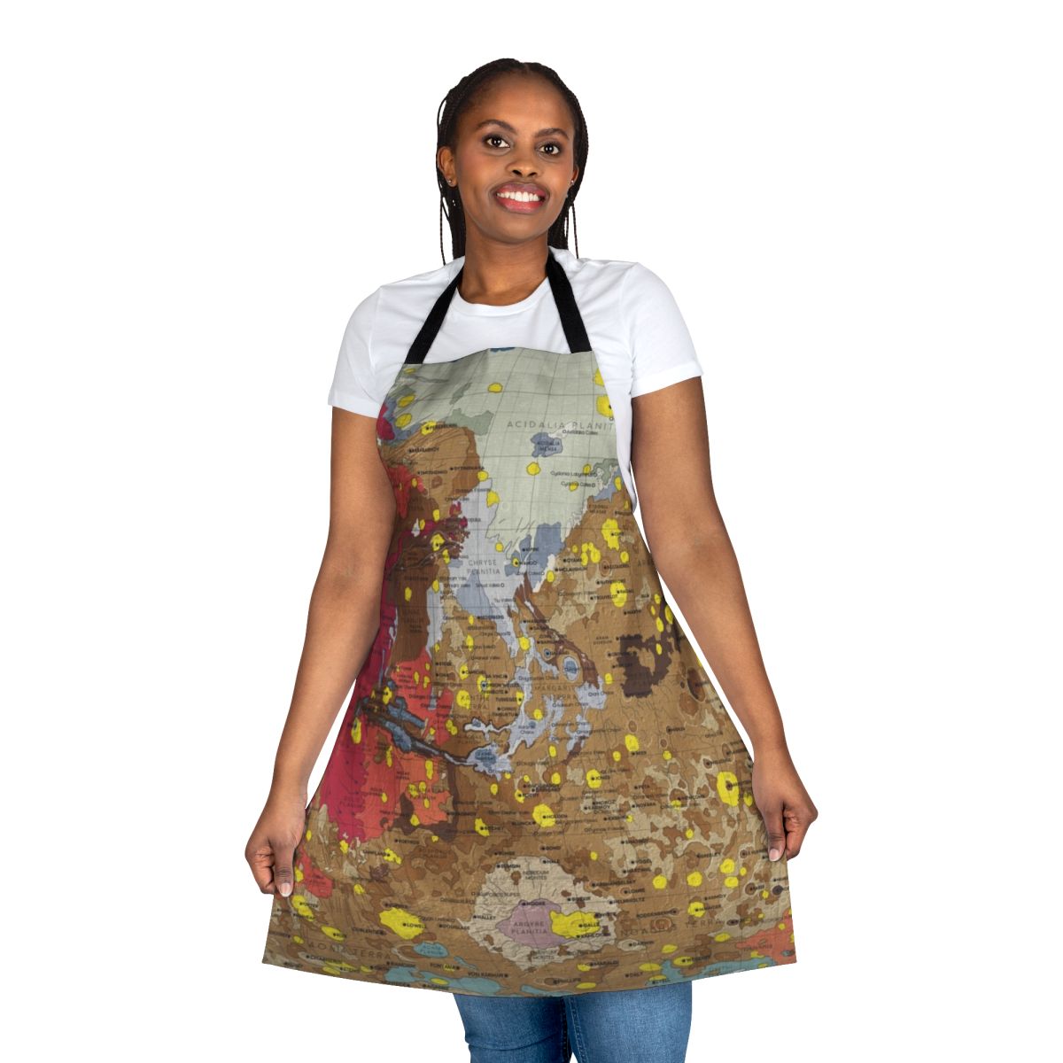 Apron featuring a detailed infographic about the geology and surface features of the planet Mars