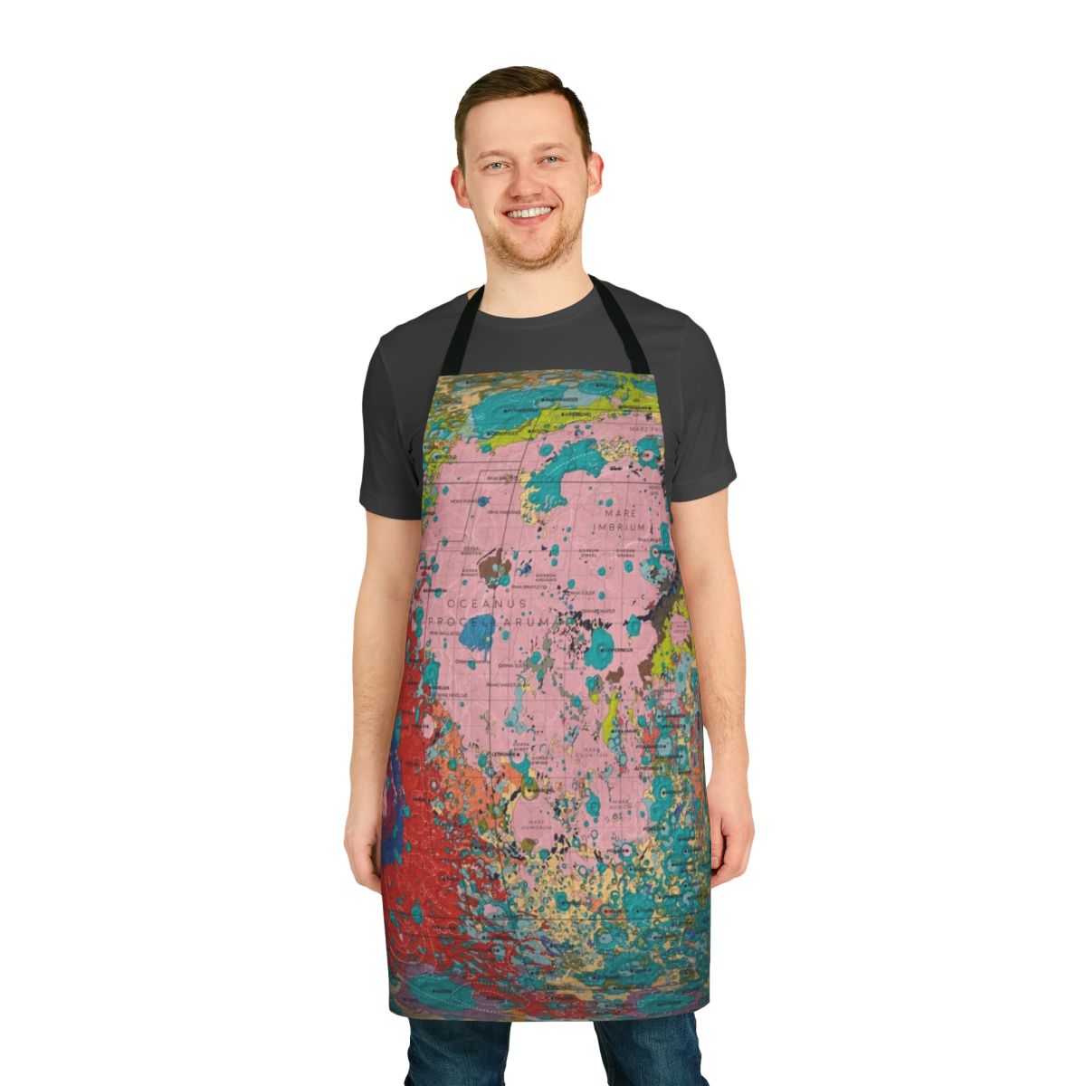 An apron featuring an infographic design showcasing the geology and features of the moon.