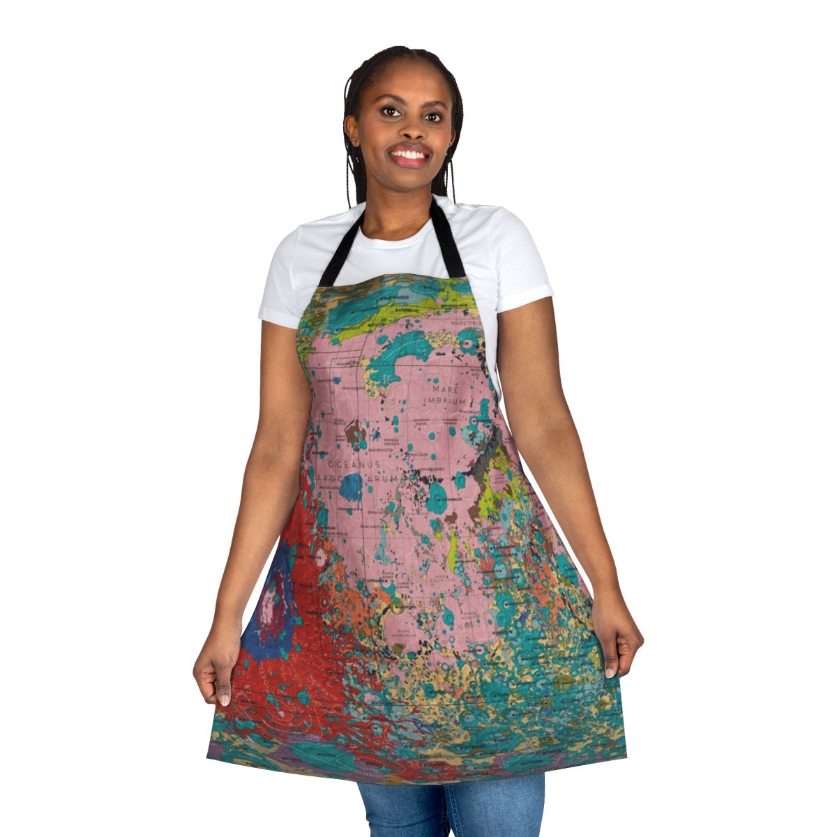 An apron featuring an infographic design showcasing the geology and features of the moon.