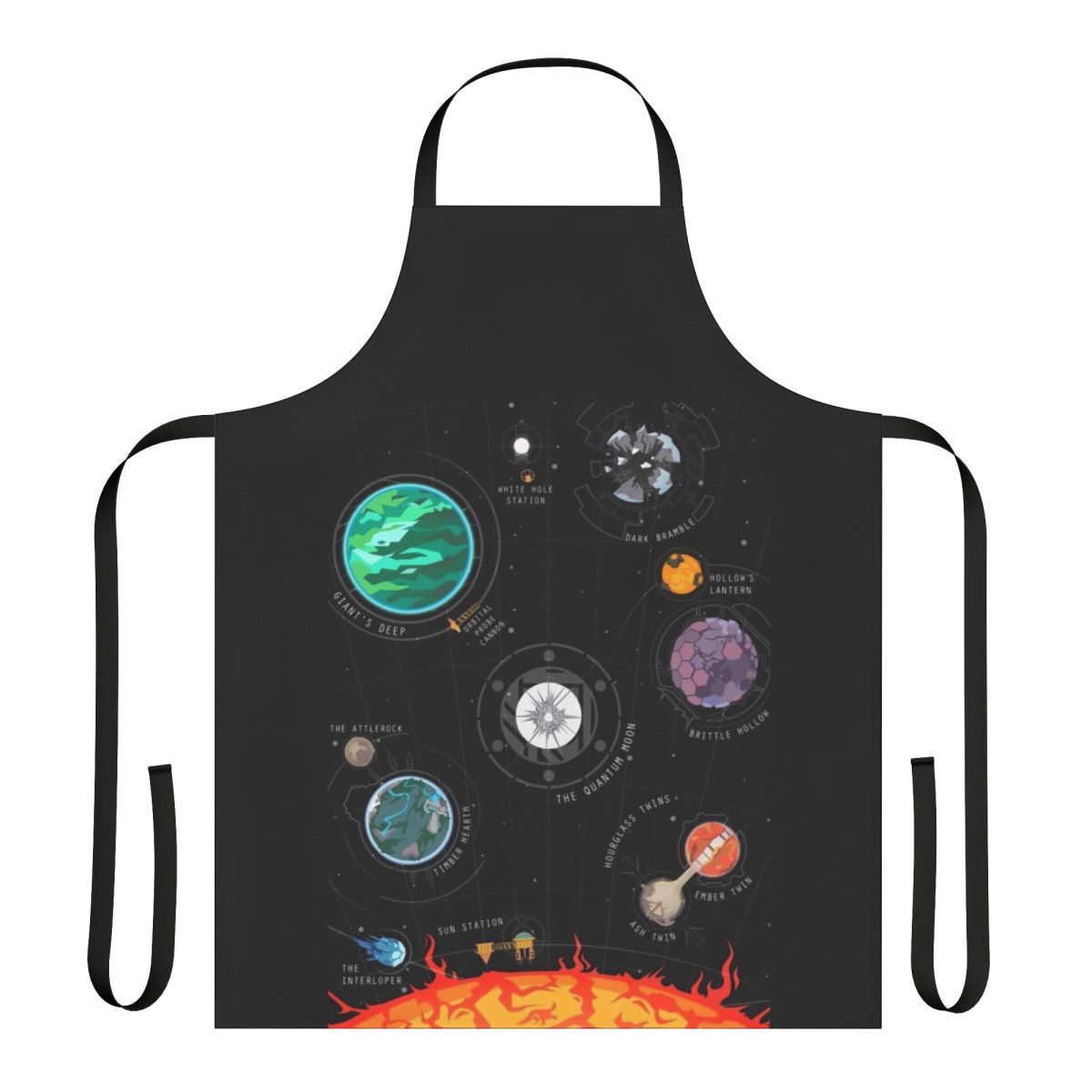 Outer Wilds-inspired apron featuring a vector chart design of the solar system