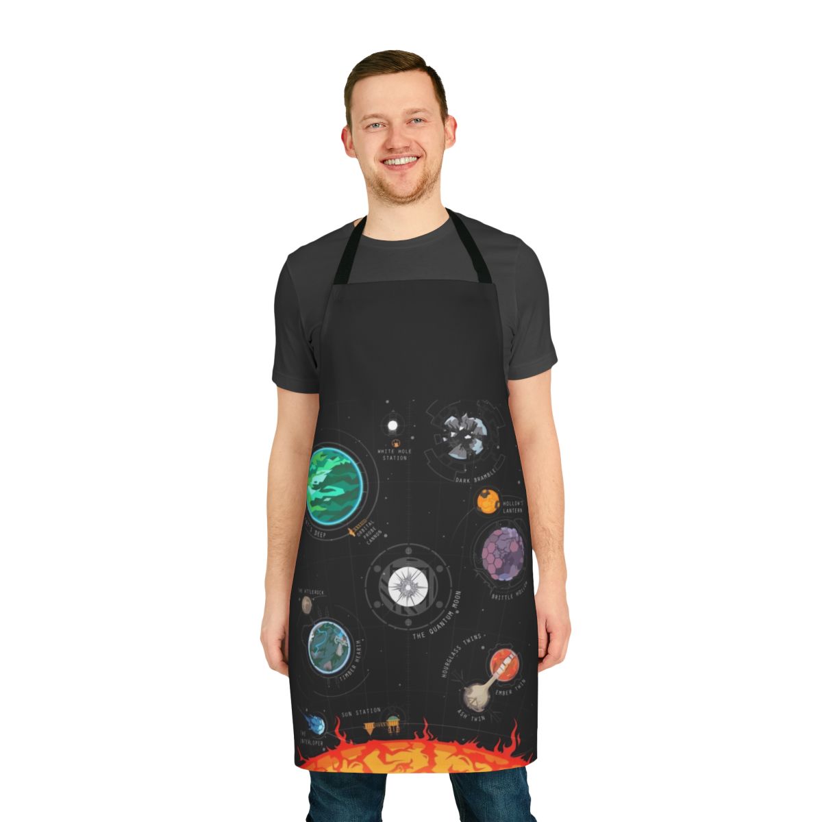 Outer Wilds-inspired apron featuring a vector chart design of the solar system