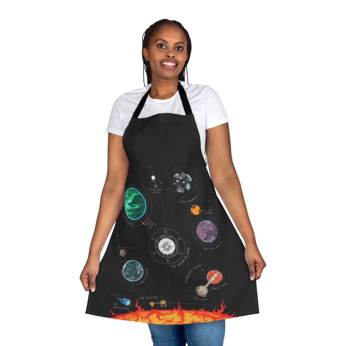 Outer Wilds-inspired apron featuring a vector chart design of the solar system
