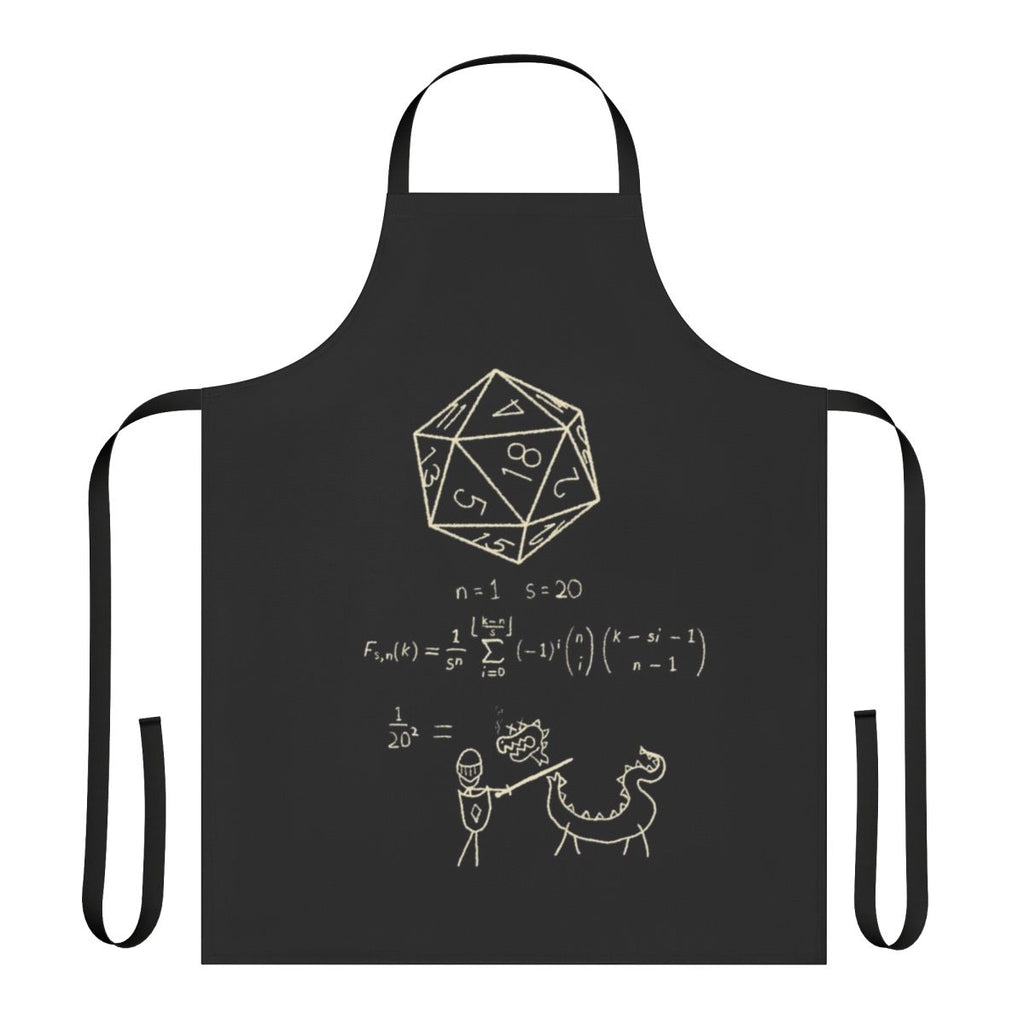 Apron featuring the science and math behind 20-sided dice, a popular accessory for roleplaying games like Dungeons and Dragons.