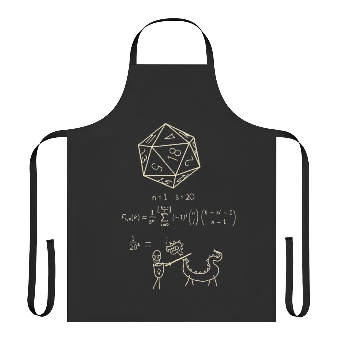 Apron featuring the science and math behind 20-sided dice, a popular accessory for roleplaying games like Dungeons and Dragons.