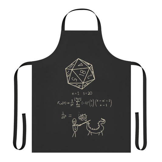 Apron featuring the science and math behind 20-sided dice, a popular accessory for roleplaying games like Dungeons and Dragons.