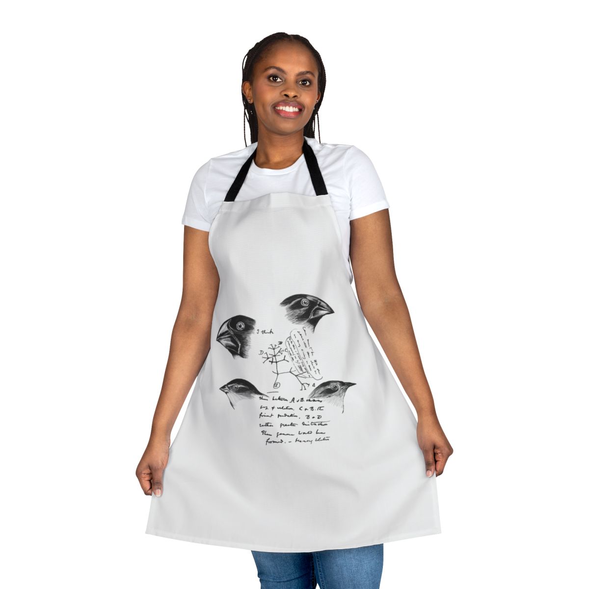 An apron featuring the iconic finches studied by Charles Darwin, a symbol of evolution and science.