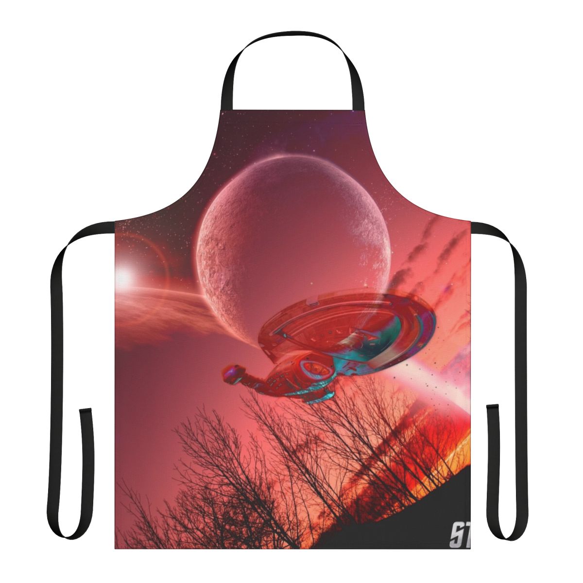 A white apron featuring the spaceship from the sci-fi TV series Star Trek: Voyager